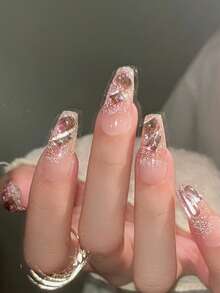 ROMWE 10pcs Long Coffin 3D Rhinestone Decor Fake Nail & 1sheet Tape - Pink - View 5