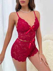 Floral Lace Bow Front Cami Top & Shorts PJ Set Bow Tie - Burgundy - View 3