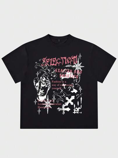 Goth Männer T-Shirt mit Buchstaben & Figur Grafik,