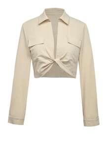SHEIN Unity Twist Front Crop Blouse - Apricot - View 1