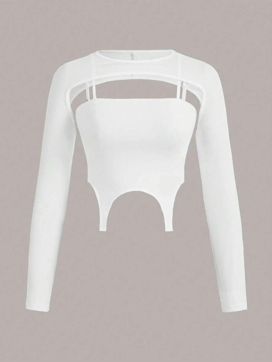 SHEIN EZwear 素色二合一不對稱下擺短款T恤 - 白色 - 查看 1