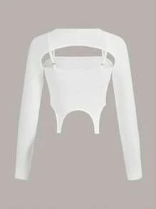 SHEIN EZwear 素色二合一不對稱下擺短款T恤 - 白色 - 查看 2