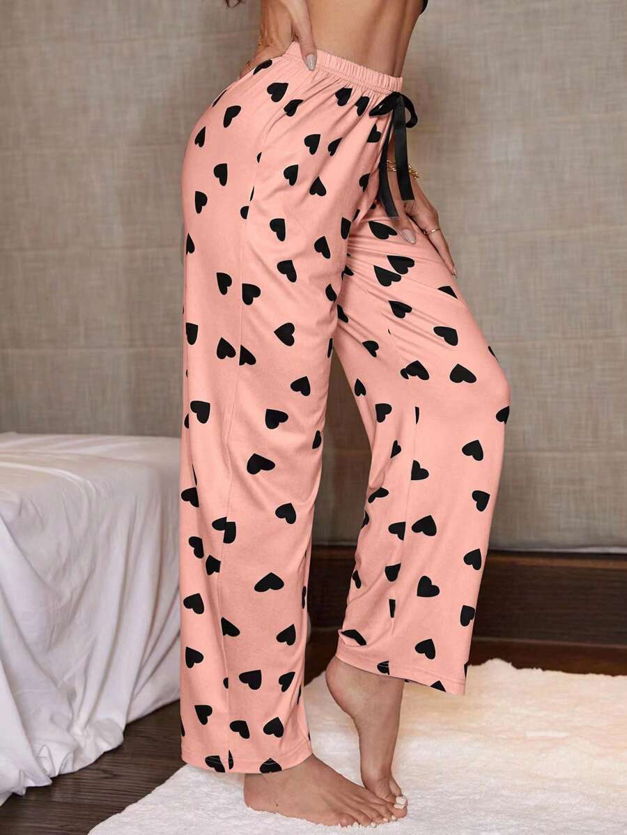 愛心圖案前繫帶睡褲 - 珊瑚粉 - 查看 1