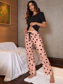 愛心圖案前繫帶睡褲 - 珊瑚粉 - 查看 3