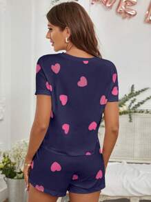 愛心圖案T恤和短褲睡衣套裝 - 藏蓝色 - 查看 2