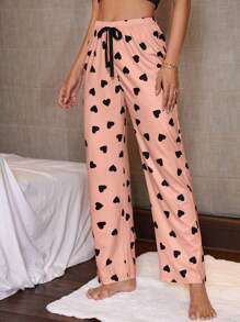 愛心圖案前繫帶睡褲 - 珊瑚粉 - 查看 5