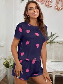 愛心圖案T恤和短褲睡衣套裝 - 藏蓝色 - 查看 3