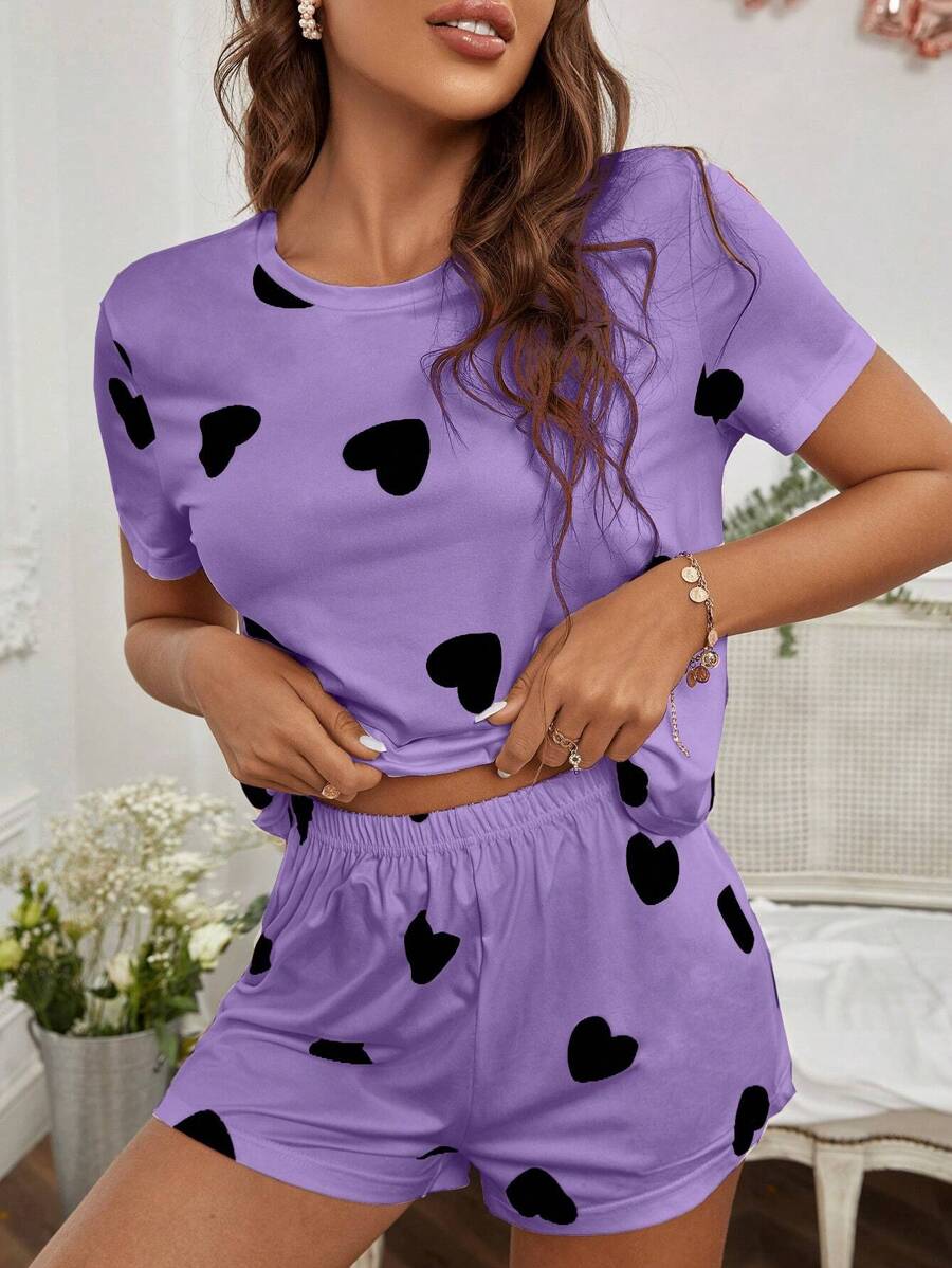 Heart Print Tee & Shorts PJ Set / Pajama Set - Violet Purple - View 1