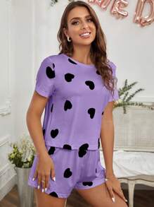 Heart Print Tee & Shorts PJ Set / Pajama Set - Violet Purple - View 4