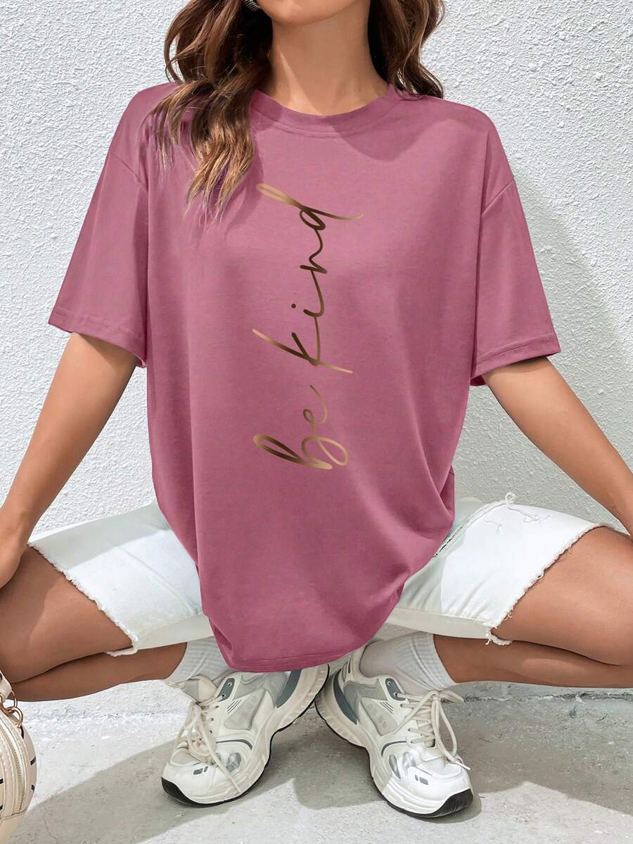 SHEIN Essnce Slogan Graphic Drop Shoulder Tee - Rose Red - View 1