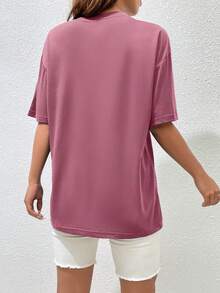 SHEIN Essnce Slogan Graphic Drop Shoulder Tee - Rose Red - View 2