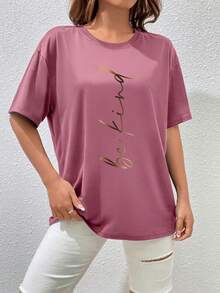 SHEIN Essnce Slogan Graphic Drop Shoulder Tee - Rose Red - View 3