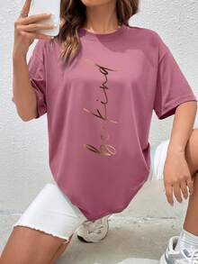 SHEIN Essnce Slogan Graphic Drop Shoulder Tee - Rose Red - View 4