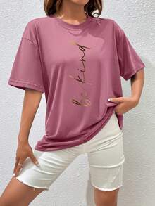 SHEIN Essnce Slogan Graphic Drop Shoulder Tee - Rose Red - View 5