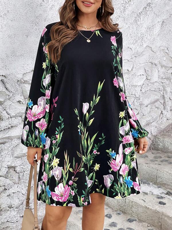 SHEIN LUNE Plus Size Women's Black Star Pattern Casual & Holiday Wear Round Neck Long Sleeve Dress  Sparkly Dress