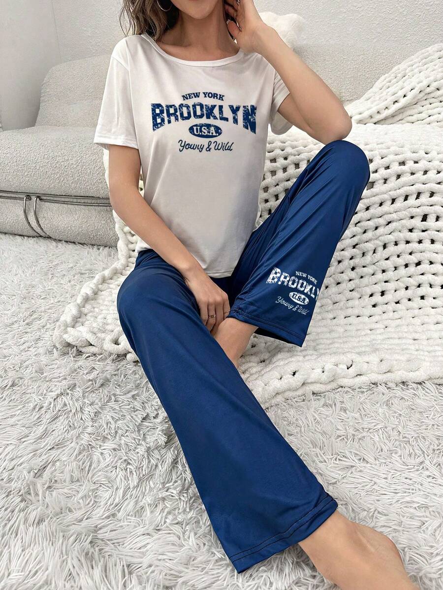 Letter Graphic Tee & Trousers PJ Set - Blue and White - View 1