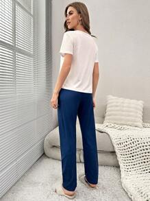 Letter Graphic Tee & Trousers PJ Set - Blue and White - View 2