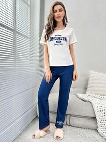 Letter Graphic Tee & Trousers PJ Set - Blue and White - View 5