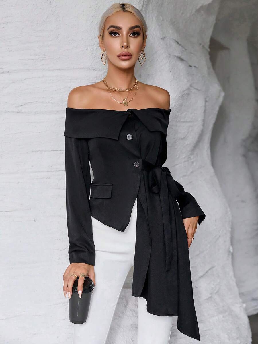 SHEIN Privé Off Shoulder Foldover Draped Side Blazer - Black - View 1