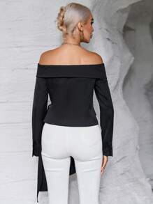 SHEIN Privé Off Shoulder Foldover Draped Side Blazer - Black - View 2