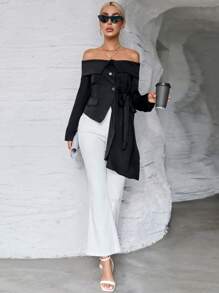 SHEIN Privé Off Shoulder Foldover Draped Side Blazer - Black - View 3