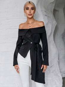 SHEIN Privé Off Shoulder Foldover Draped Side Blazer - Black - View 4