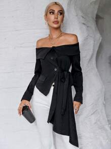 SHEIN Privé Off Shoulder Foldover Draped Side Blazer - Black - View 5
