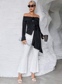 SHEIN Privé Off Shoulder Foldover Draped Side Blazer - Black - View 6