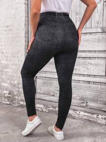 SHEIN LUNE Plus Size Button Waist Band Pocket Sequin Printed Slim Fit Casual Leggings For Autumn & Winter - Black - View 2