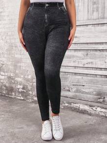 SHEIN LUNE Plus Size Button Waist Band Pocket Sequin Printed Slim Fit Casual Leggings For Autumn & Winter - Black - View 1