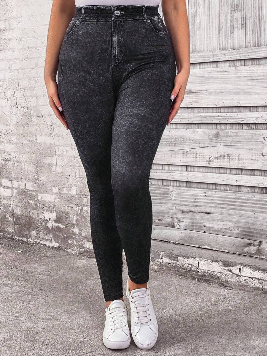 SHEIN LUNE Plus Size Button Waist Band Pocket Sequin Printed Slim Fit Casual Leggings For Autumn & Winter - Black - View 1