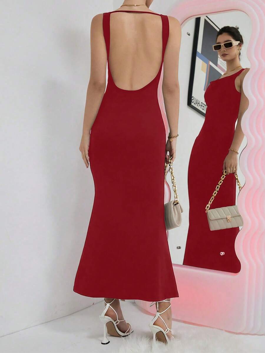 SHEIN Privé 素色露背魚尾裙下擺洋裝 - 紅色 - 查看 1