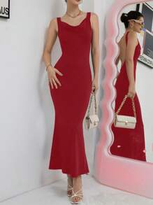 SHEIN Privé 素色露背魚尾裙下擺洋裝 - 紅色 - 查看 6