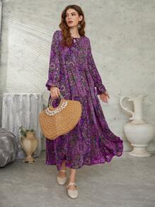 Seusyu 满版印花荷叶边袖荷叶边下摆罩衫端庄长袖连衣裙 - 紫色 - 查看 1