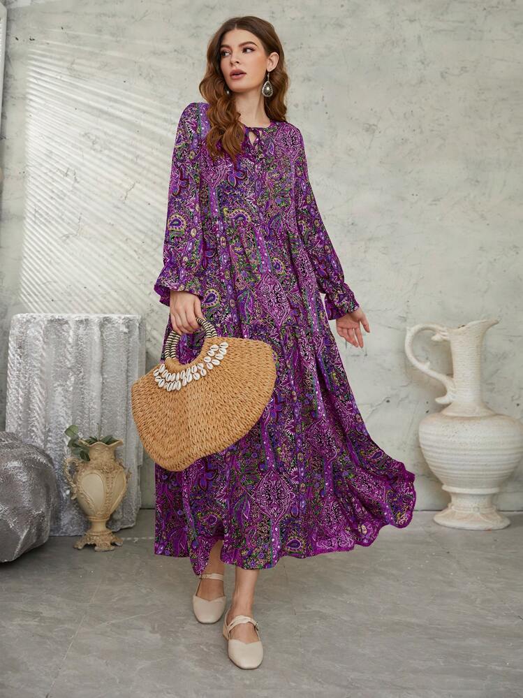purple floral print high neck raglan sleeve dress Wisteria Lilac Raglan Dress