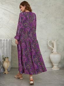 Seusyu 满版印花荷叶边袖荷叶边下摆罩衫端庄长袖连衣裙 - 紫色 - 查看 2