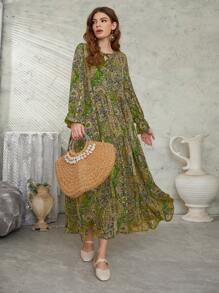 Seusyu 满版印花荷叶边袖荷叶边下摆罩衫端庄长袖连衣裙 - 彩色 - 查看 1