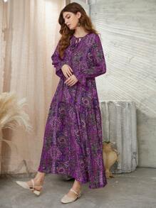 Seusyu 满版印花荷叶边袖荷叶边下摆罩衫端庄长袖连衣裙 - 紫色 - 查看 3