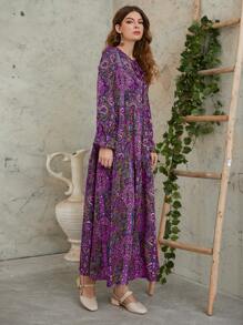 Seusyu 满版印花荷叶边袖荷叶边下摆罩衫端庄长袖连衣裙 - 紫色 - 查看 4
