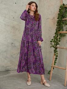 Seusyu 满版印花荷叶边袖荷叶边下摆罩衫端庄长袖连衣裙 - 紫色 - 查看 5