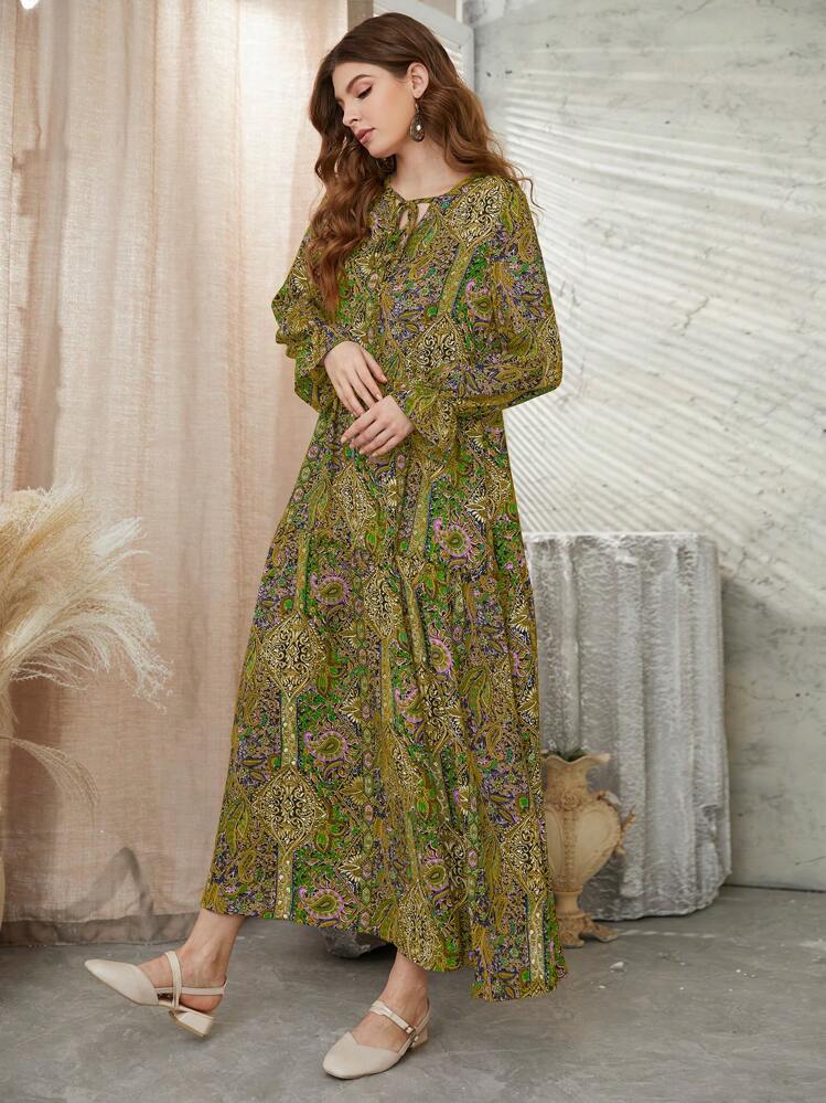 Seusyu Allover Print Flounce Sleeve Ruffle Hem Smock Modest Long Sleeve Dress - Multicolor - View 4