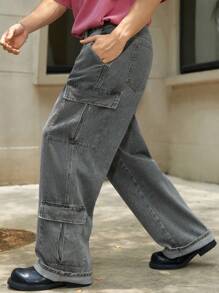 Manfinity EMRG 男士偏寬鬆版貨物褲,帶有側面翻蓋口袋 - 中等水洗藍 - 查看 6