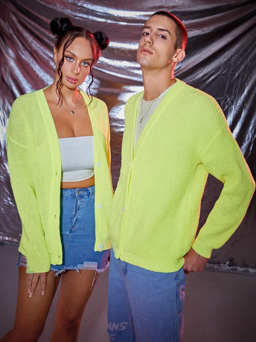 Manfinity Unisex 1 Miếng Lỏng lẻo phù hợp Thả vai Nút phía trước Áo len Mở - Màu xanh chanh - Xem 1