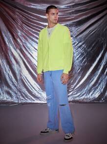 Manfinity Unisex 1 Miếng Lỏng lẻo phù hợp Thả vai Nút phía trước Áo len Mở - Màu xanh chanh - Xem 5