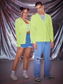 Manfinity Unisex 1 Miếng Lỏng lẻo phù hợp Thả vai Nút phía trước Áo len Mở - Màu xanh chanh - Xem 4