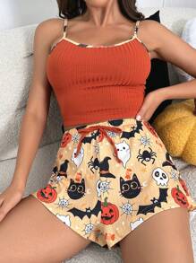 Halloween Print Cami Top & Shorts PJ Set - Multicolor - View 3