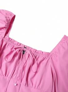 SHEIN Unity 休閒前綁帶蝴蝶結 胸部褶皺純色女士連衣裙 - 粉色 - 查看 5