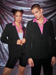 Manfinity VCAY 1pc Contrast Collar Flap Detail Single Breasted Blazer, For Fall Winter - Black - View 1