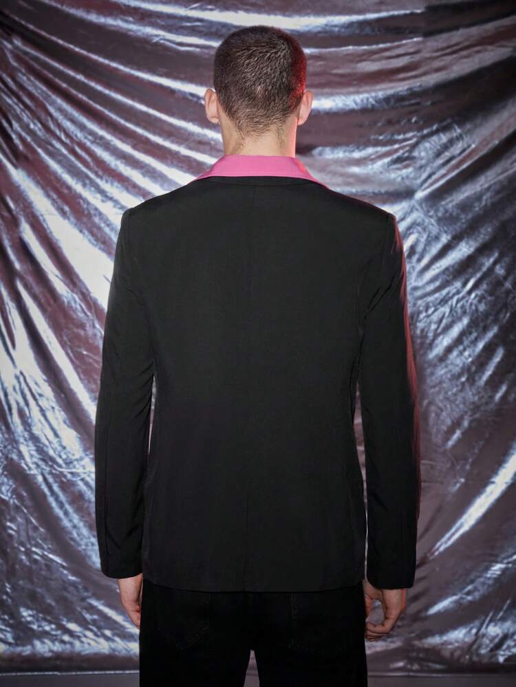 1pc Contrast Collar Flap Detail Single Breasted Blazer, For Fall Winter