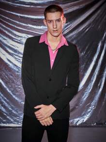 Manfinity VCAY 1pc Contrast Collar Flap Detail Single Breasted Blazer, For Fall Winter - Black - View 4